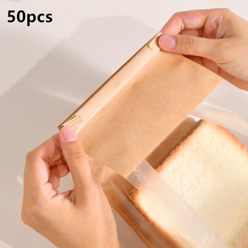 50Pcs Reusable Kraft Paper Bag Mouth Clip Packaging Bag Seal Self-Adhesive Coffee Tea Bread Snack Bag Kraft Paper Sealing Strip