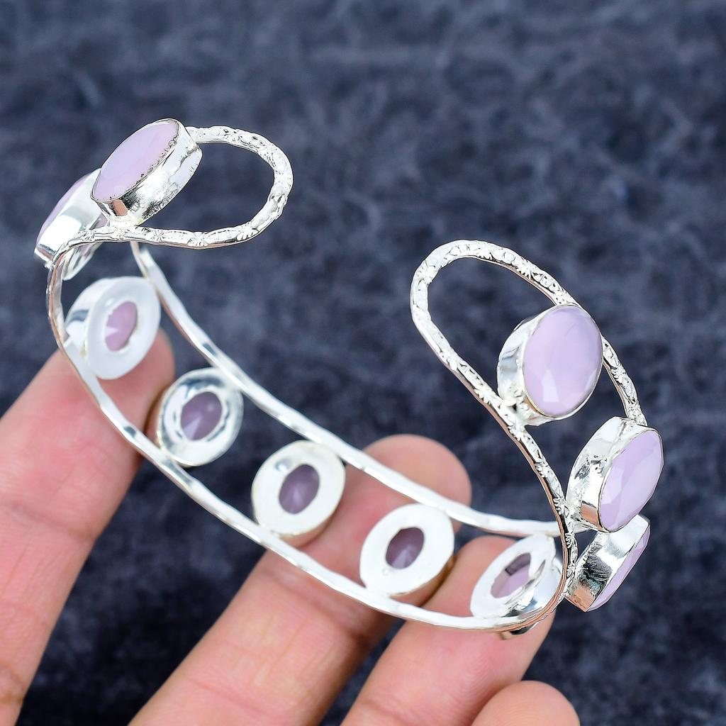 Pink Chalcedony Gemstone 925 Sterling Silver Cuff Bangle Adjustable M-3334