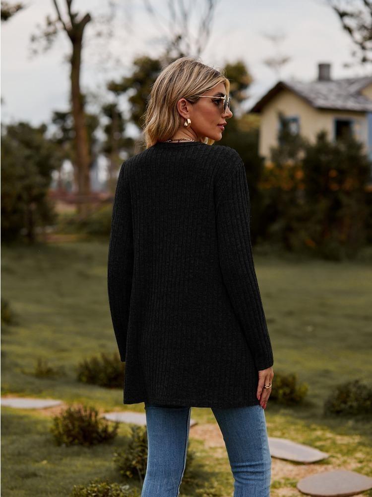 Women's Solid Color Brushed Stripe Cardigan Jacket Long Sleeve Autumn Pit New Clothing