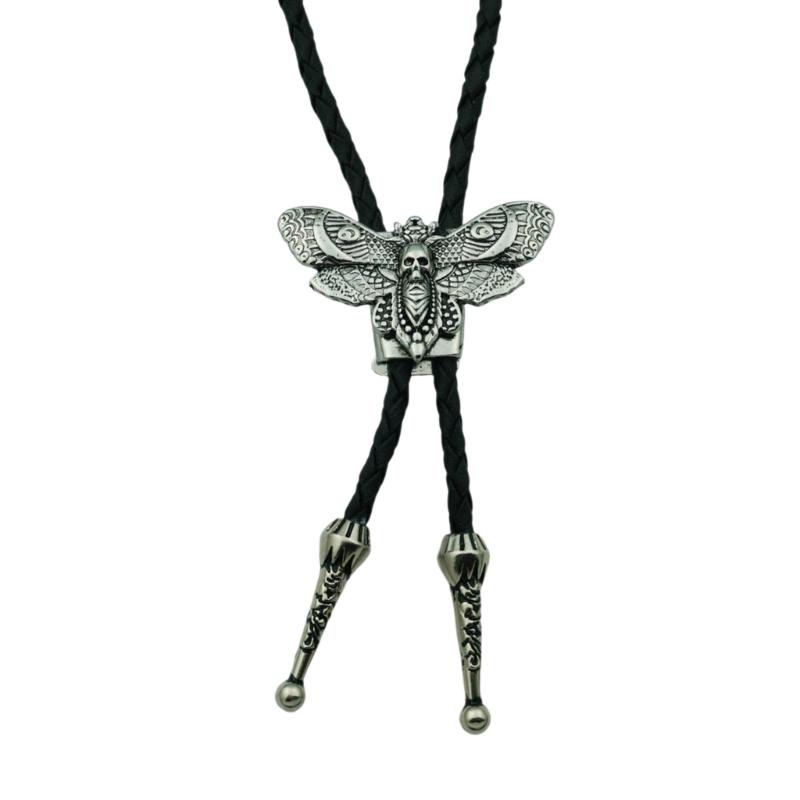 

Mens Gothic Bolo Tie Cowboy Necktie Braided Leather Rope Necklace with Metal Skull Moths Pendant Jewelry Shirt Chain Ties