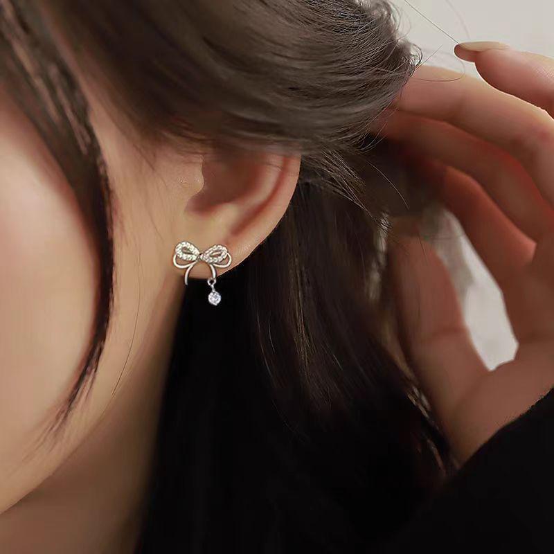 Korean Rhinestone Bow Earrings for Women - Elegant Autumn/Winter Design