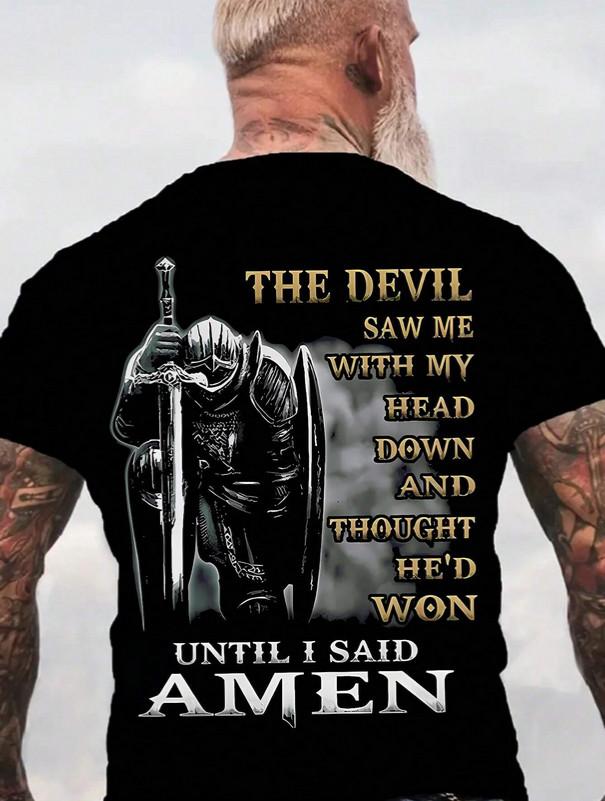 Men s Christian T-Shirt The Devil Saw Me Knight Amen Graphic Tee Black Cotton S разноцветный