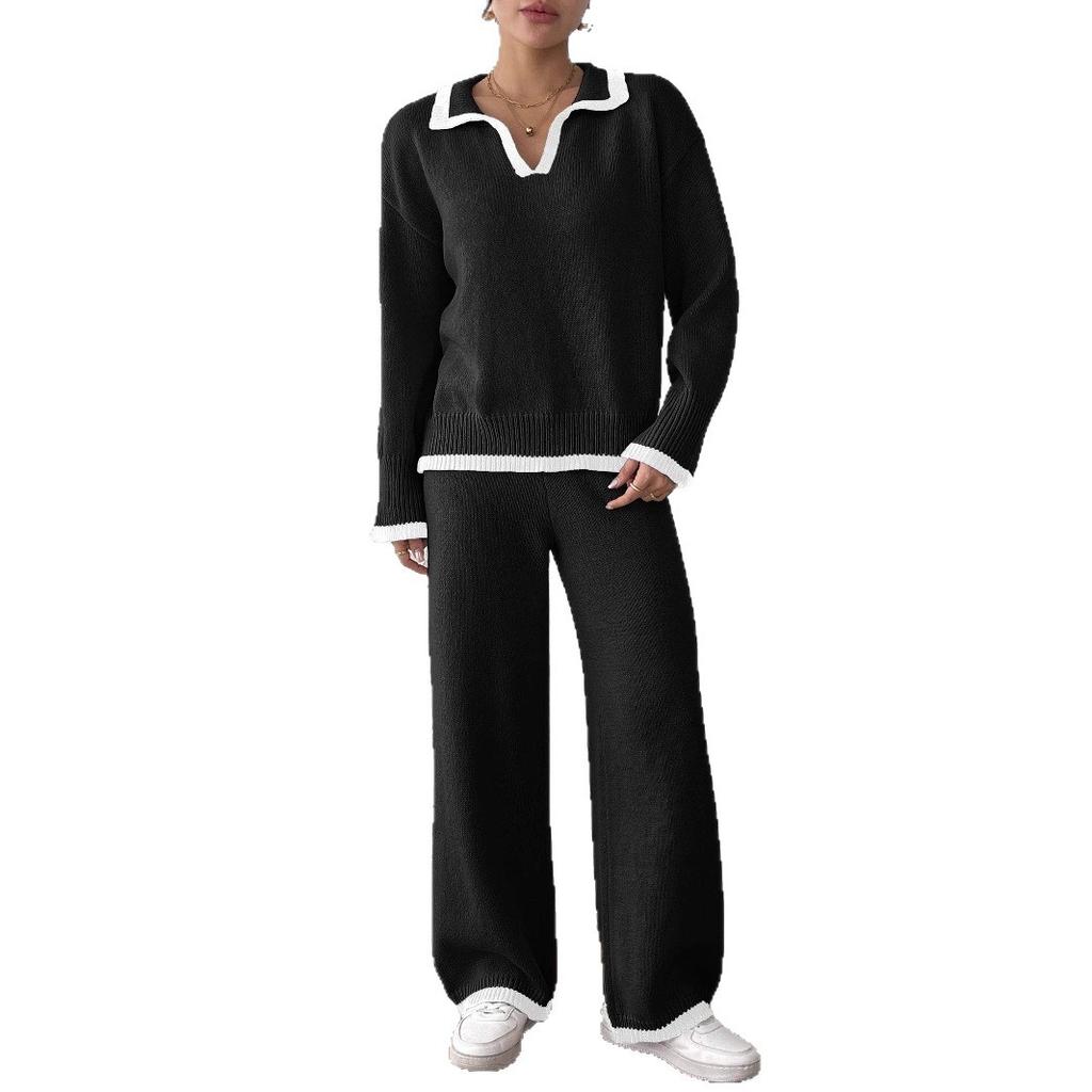 A Two-piece Set of Women's Color-blocking Polo Collar Lapel Pullover, Sweater and Wide-leg Casual Pants