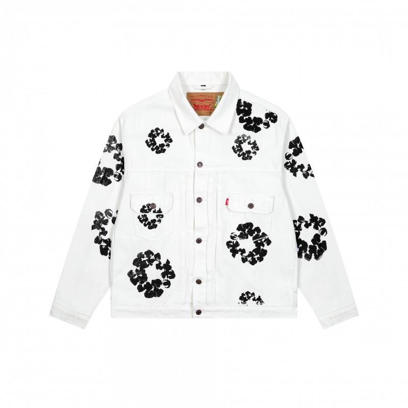 Streetwear Cotton Denim Jacket Pants Set With Floral Print Unisex Fall Outfit