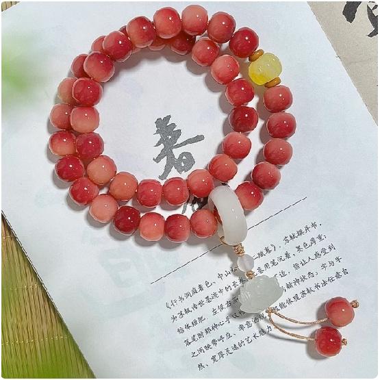 Pinkish-purple Bodhi seed double-loop bracelet for women, Chinese-style hand-held lotus ornament, Bodhi root Buddhist bead bracelet