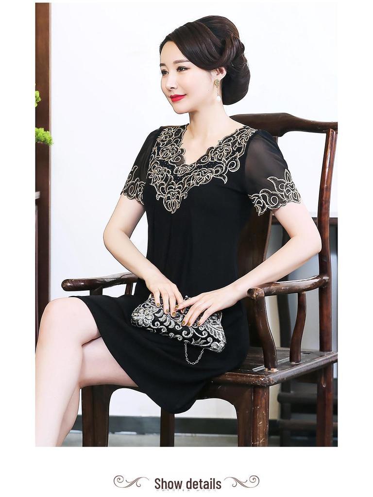 2024 Summer Chiffon Embroidered Dress: Mid-Length, Solid Color, Short-Sleeved, A-Line for Middle-Aged Women