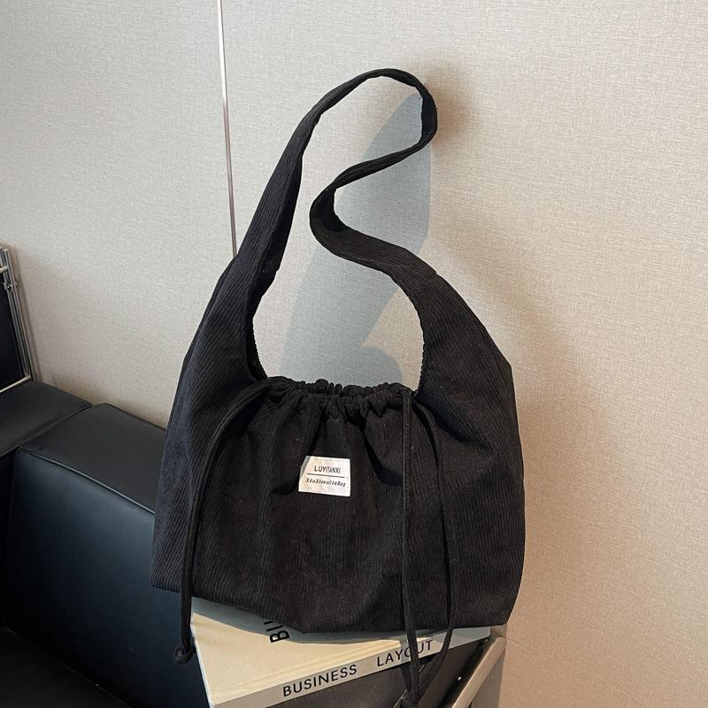 Corduroy Texture Large-capacity Bag Women's 2025 New Shoulder Bag Simple Soft Surface Casual Drawstring Tote Bag