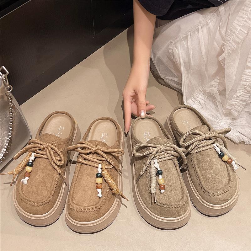 Baotou Half Slippers Women's Thick Soles 2025 New Heightening Birkenstock Slippers Retro Ethnic Style One-pedal Lazy Shoes