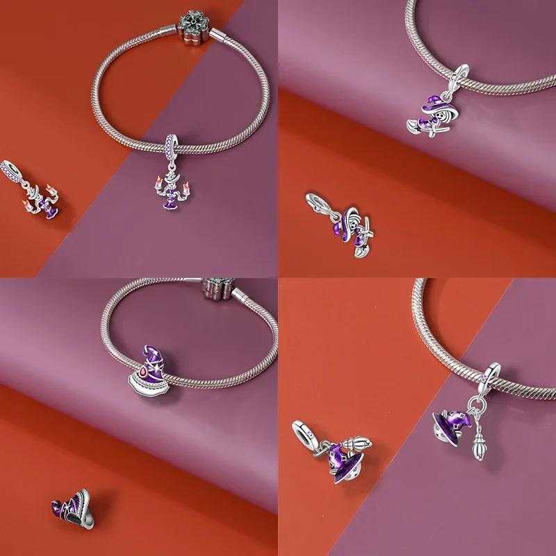 New Copper Purple Flying Witch Hat & Magic Book Stylish Charms Beads Fits Original Bracelet Jewelry Diy Halloween Charm For Women Gifts