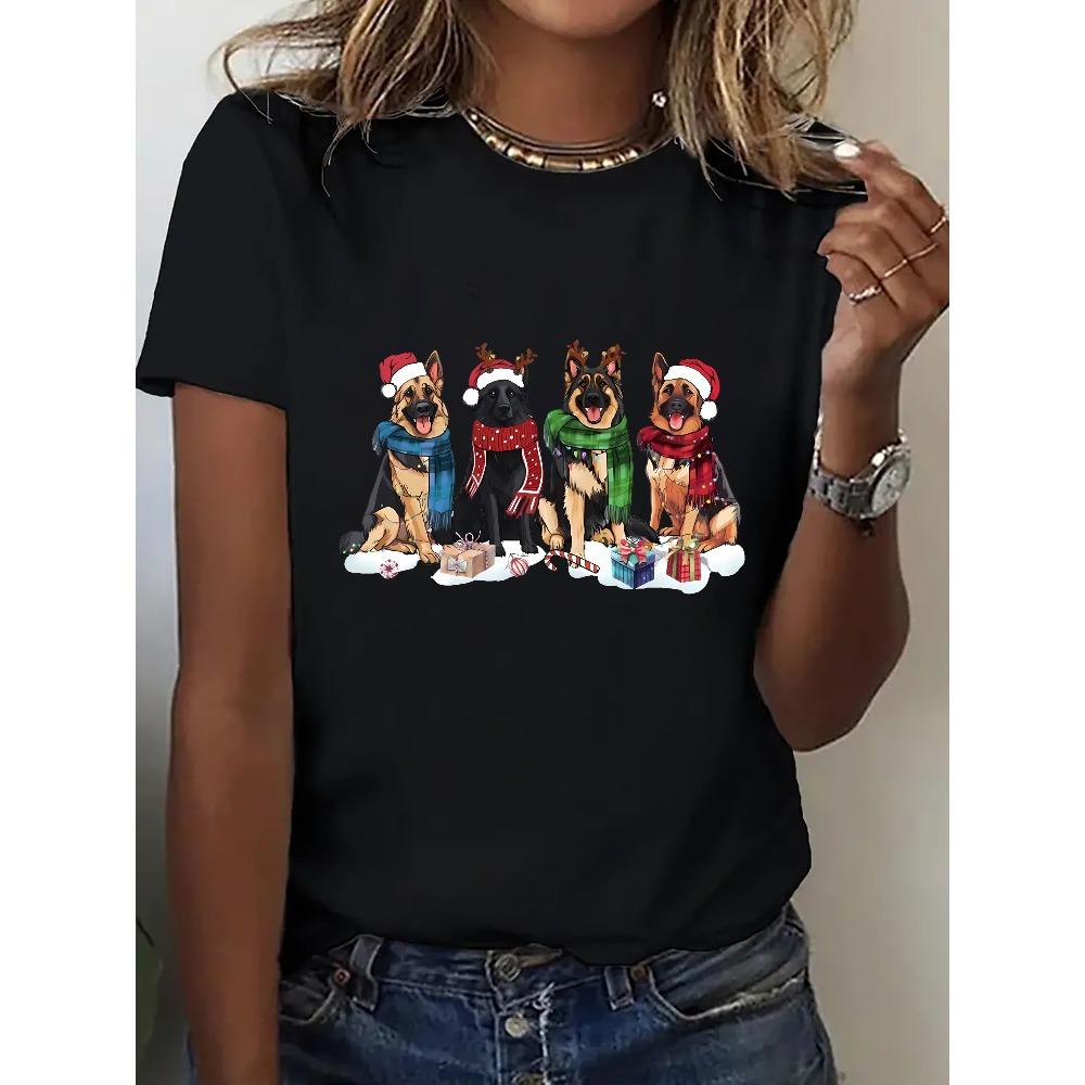 Women's Fashion Casual Sports T-Shirt, Christmas German Shepherd Sweatshirt, Dog Short Sleeve T-Shirt