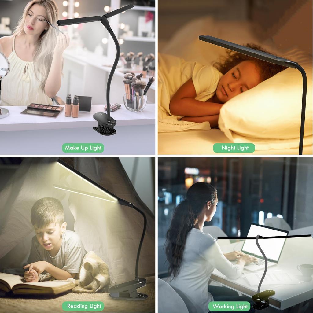 Clip-on LED Desk Lamp, Reading Lamp, Table Lamp - Deaunbr USB Rechargeable 48 LEDs, Eye-Friendly, Cordless, Bright, 3-Color Temperature Adjustment,