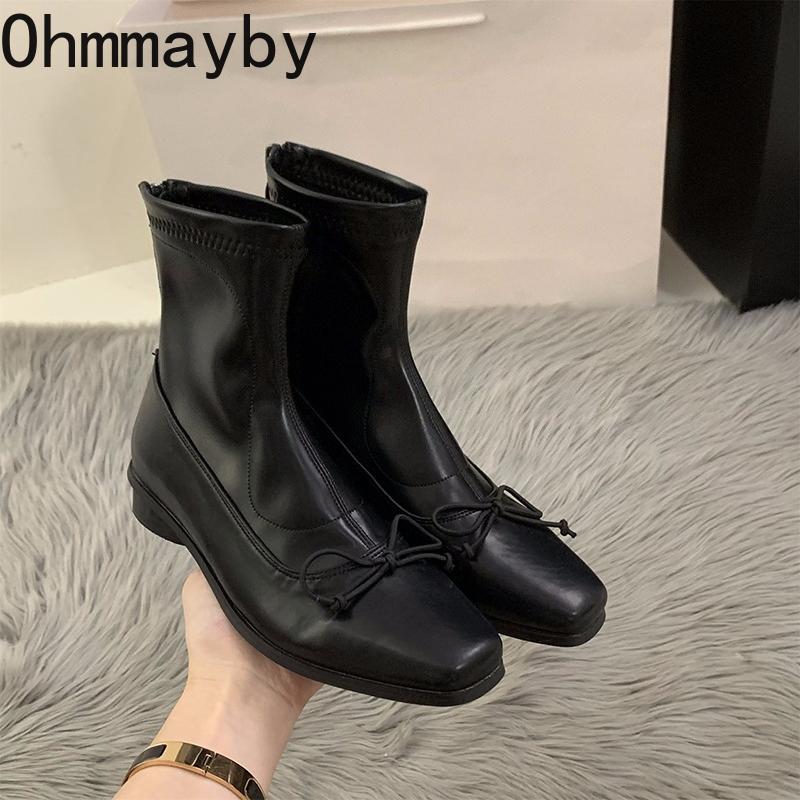 Square Toe Woman Thick Heel Ankle Boots Fashion Butterfly-knot Shoes Autumn Winter Femmes Mordern Short Botines De Mujer