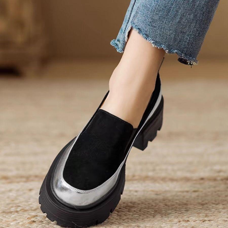 Women's Thick Heel Loafers 2025 Spring Autumn New Chunky Heel Leather Casual Loafers Hot Sale Fashion Round Toe Shoes