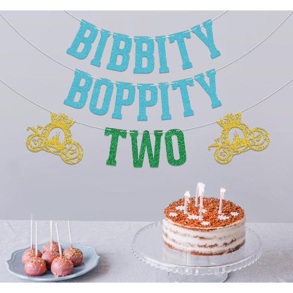 Bibbity Boppity Two Banner,2nd Birthday Party Decor,Two Birthday Decorations,Pumpkin Cart Theme Birthday Decorations Supply Blue & Green