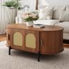 Mesa de Centro Oval com Rattan, Portas Deslizantes, Aparência de Madeira, Pés de Metal, Mesa Multifuncional para Sala de Estar com Armazenamento