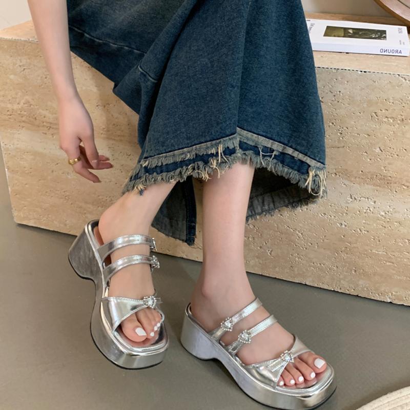 Summer Women Fashion Platform Heel Slippers Crystal Decoration Shoes Ladies Casual Dress Street Style Shoes Slides