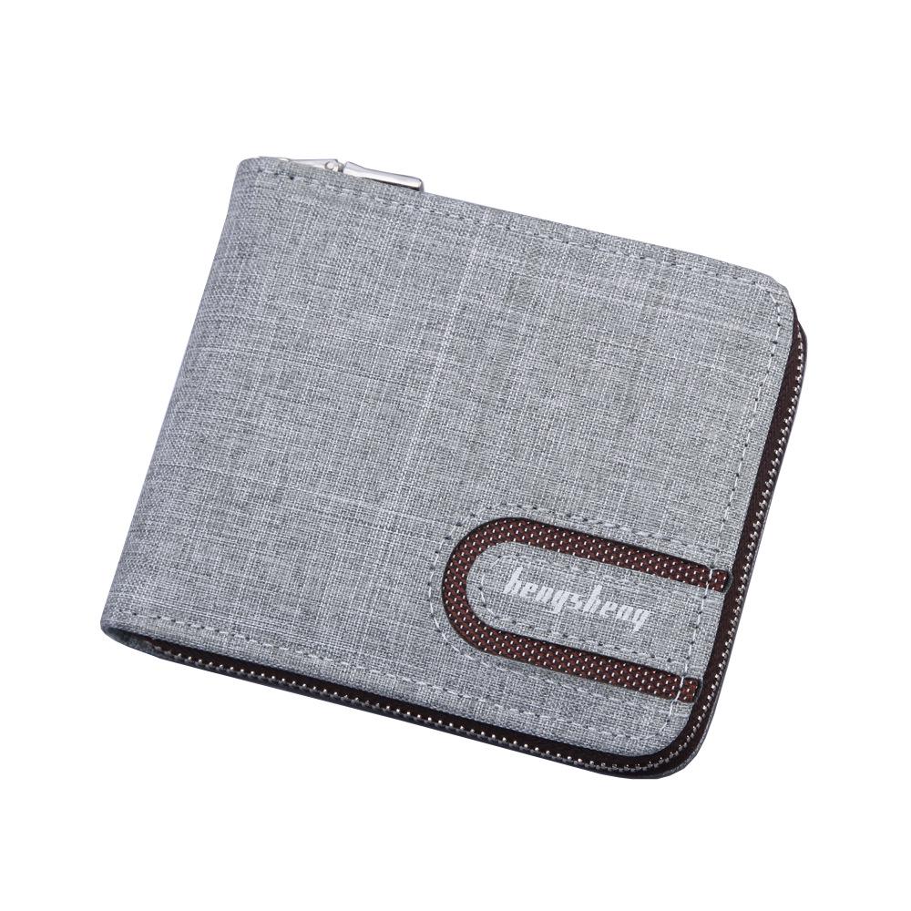 Men's Canvas and Leather Short Wallet with Zipper, Coin Purse, and Multiple Card Slots
