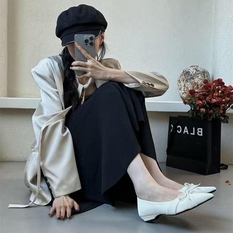 2025 Autumn and Winter New Commuter Ladyshoes Shallow Mouth Pointed Bow Late Evening Wind Versatile Single Shoes Women's Doudou Shoes Tide
