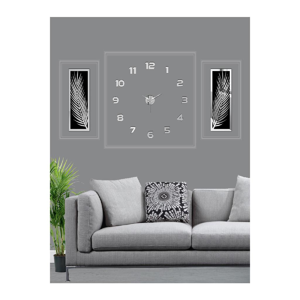 3 Piece Wall Clock Set, Acrylic Plexiglass Mirrored Palm Leaves And Roman R. Clock
