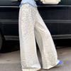 American Retro Leopard Wide Leg Trousers Female Clothing Folds Ruffle Chic Patchwork Autumn Winter Streetwear Loose Casual Pants