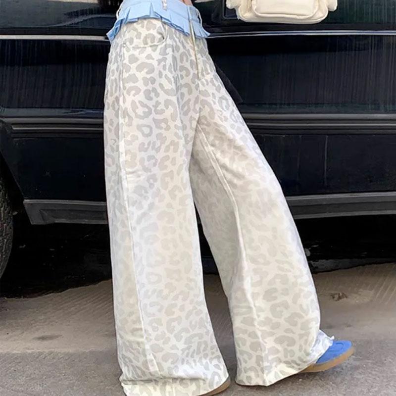 American Retro Leopard Wide Leg Trousers Female Clothing Folds Ruffle Chic Patchwork Autumn Winter Streetwear Loose Casual Pants