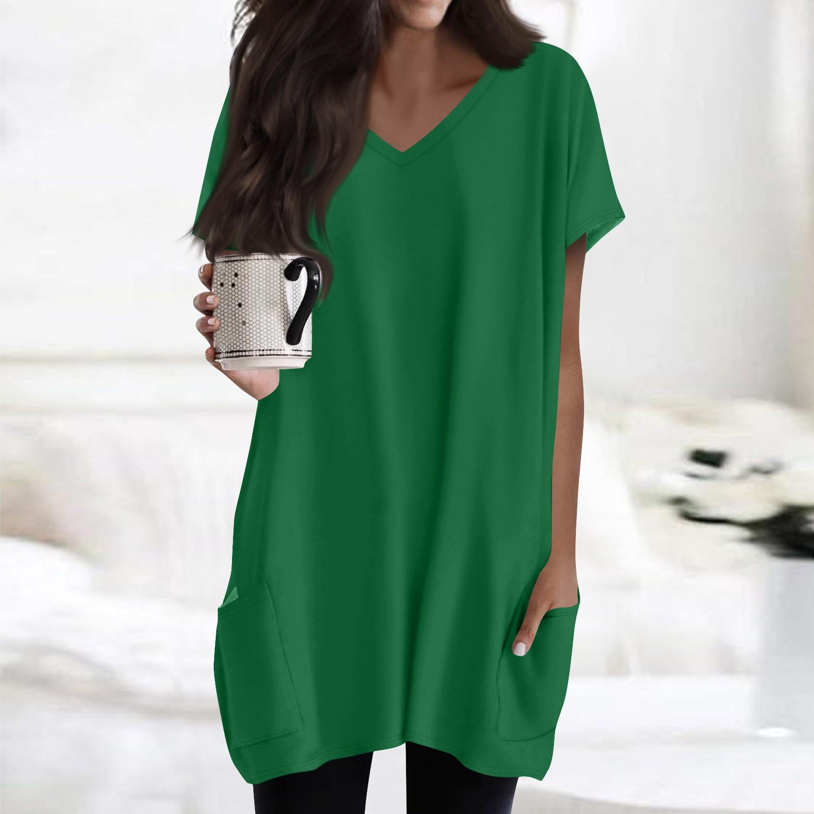 

Женские топы с V-образным вырезом, блузки с коротким рукавом, повседневные рубашки средней длины, модные туники с принтом и карманами S зелёный