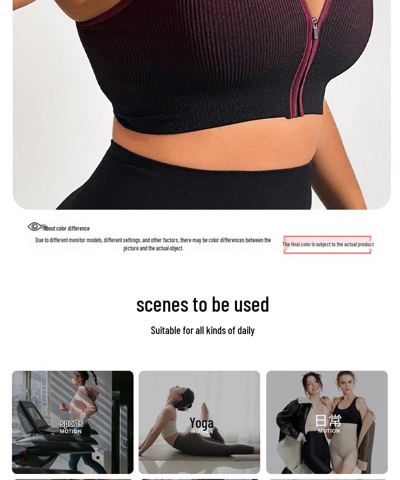 Women's Gradient Sport Shockproof Running Vest Bra with Front Zipper for Fitness & Yoga