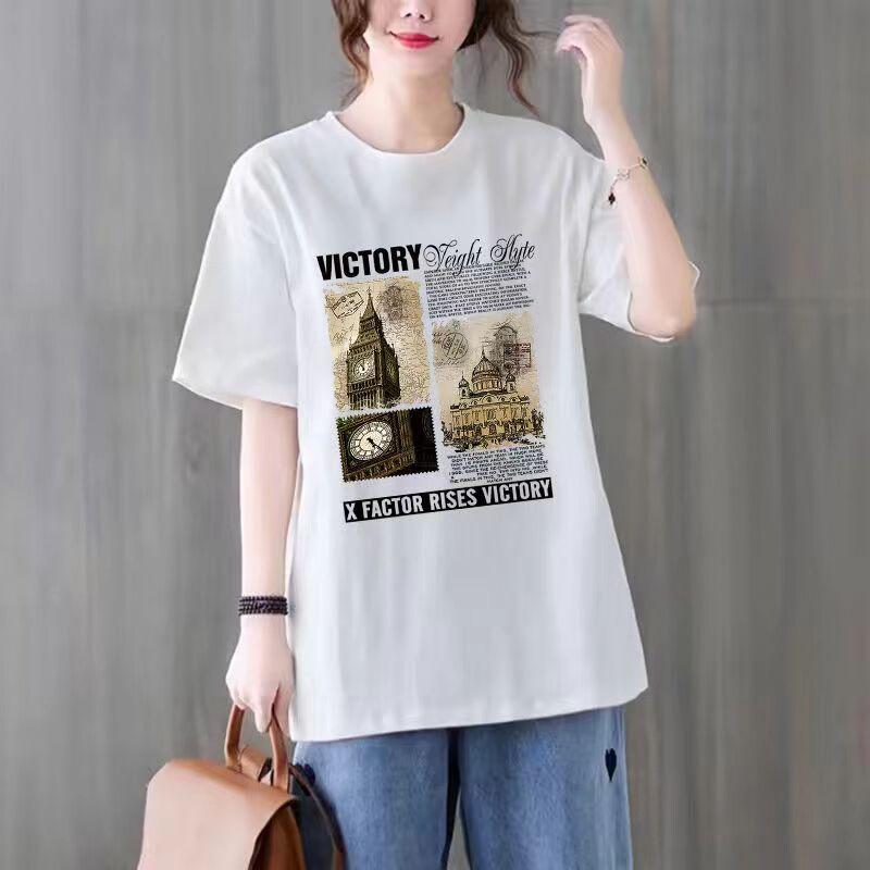 

Экспортный Топ Бренд Хлопковая Футболка с Коротким Рукавом Летняя Винно-Красная Женская в K-стиле с Принтом Универсальный Топ с Рукавом Половины Длины White (Time Building) 3XL