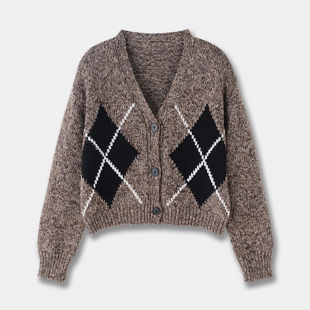 

Женский весенне-летний хлопковый кардиган с V-образным вырезом и узором аргайл Medium коричневый