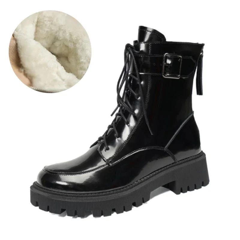 Fashion NEW Winter Women Boots Patent Leather Shoes for Women Round Toe Chunky Heel Shoes Wool Warm Snow Boots Platform Motorcycle Boots