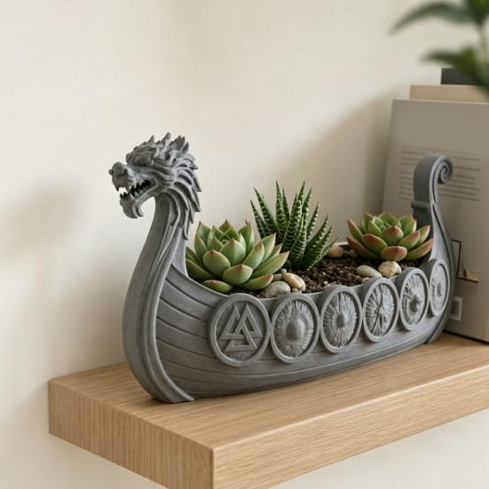 Zahradní Balkonová Rostlinná Dekorace Viking Longship Květináč, Dračí Loď Vnitřní Držák na Kaktusy Dekorativní Vzdušný Květináč Vzdušné Rostliny, Rustikální Severský