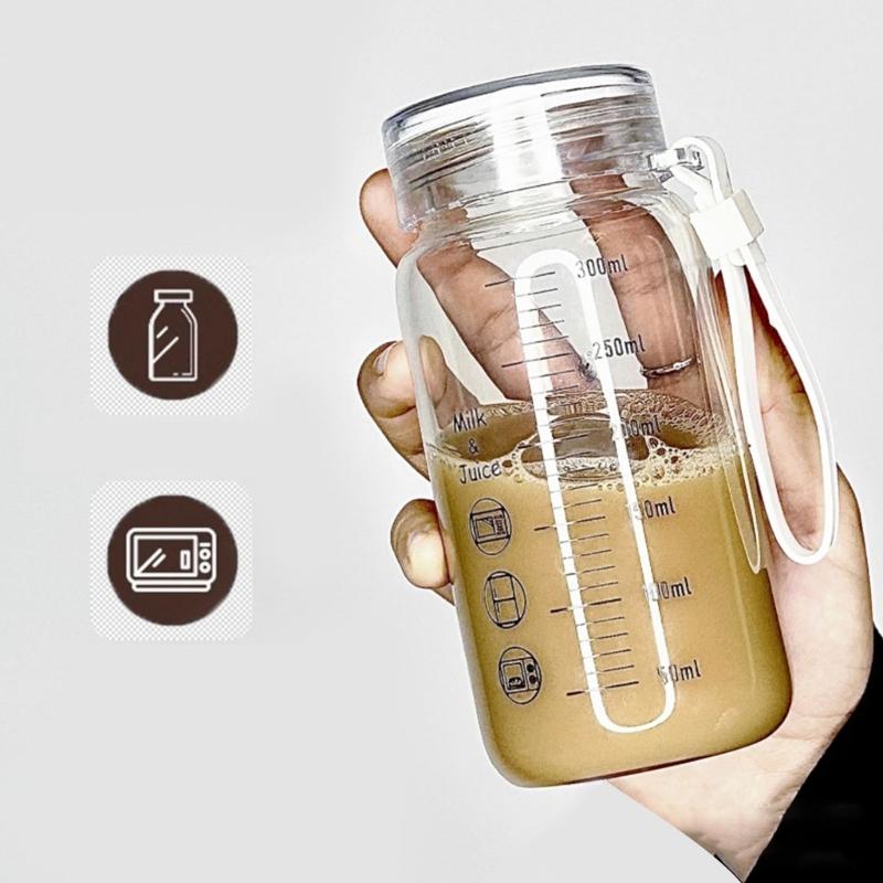 Leak Proof Microwave Safe Glass Drinkware 300ml With Measurement Scale Portable Water Bottle For Milk Juice Coffee