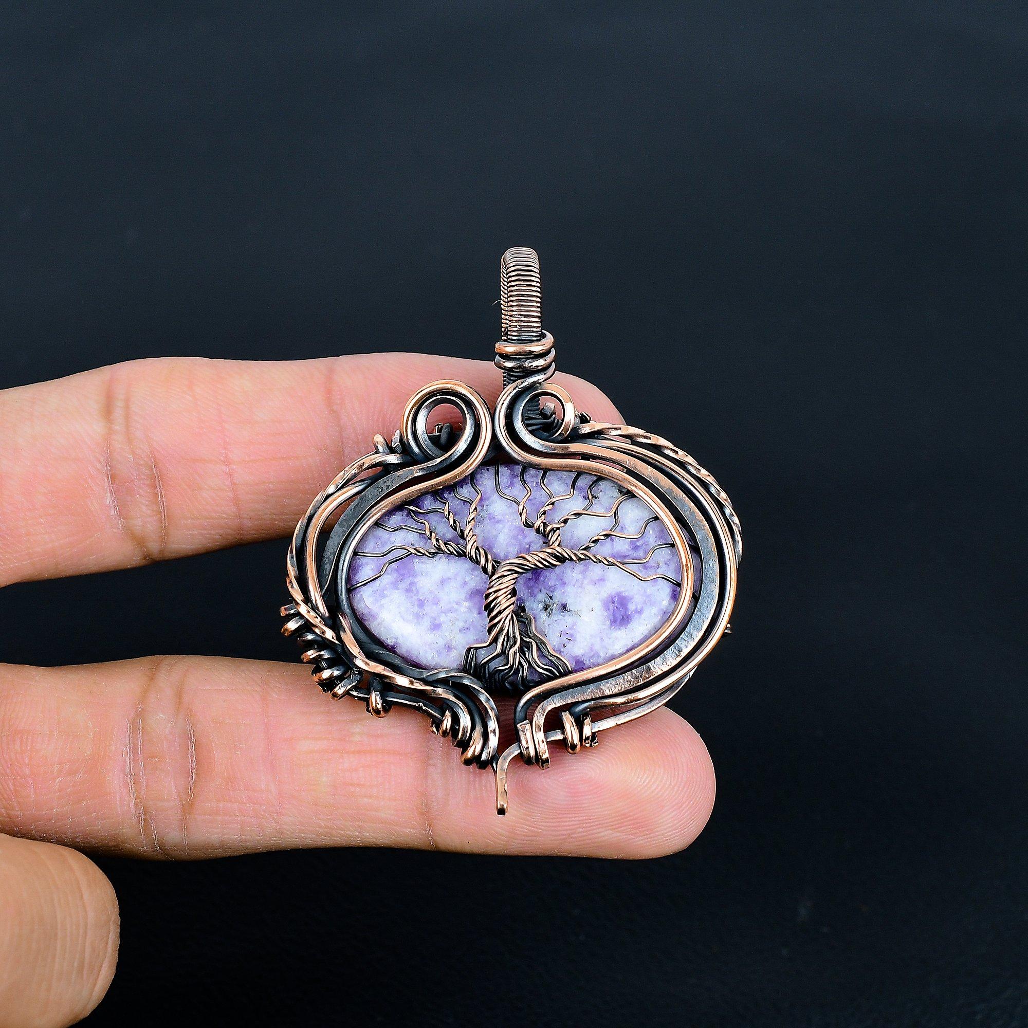 

Подвеска из лепидолита, ювелирное изделие из драгоценного камня, обернутое медной проволокой 999 пробы, подвеска ручной работы Древо жизни, на День благодарения 2.36 Inches