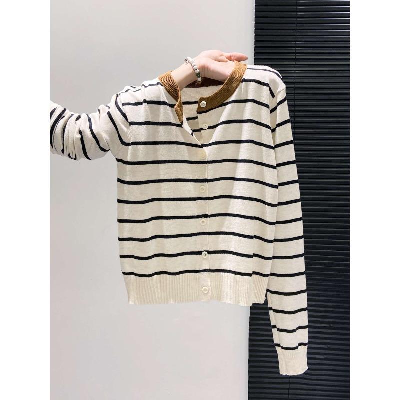 Single-breasted Contrasting Striped Knitted Cardigan Women's Spring and Autumn Loose and Thin Versatile Sweater Jacket Top