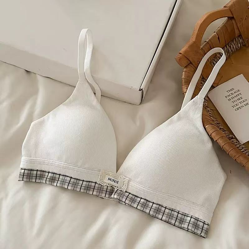 

Plaid splicing polka dot thin triangular cup without steel ring to gather small breasts, double breasts, anti-sagging bra set 38/85ABC