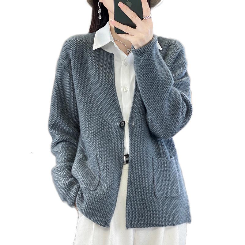 Cozy 100% Wool Knitted Stand-Up Collar Cardigan - Women's Spring & Autumn Loose Outerwear, Versatile Fashion Sweater