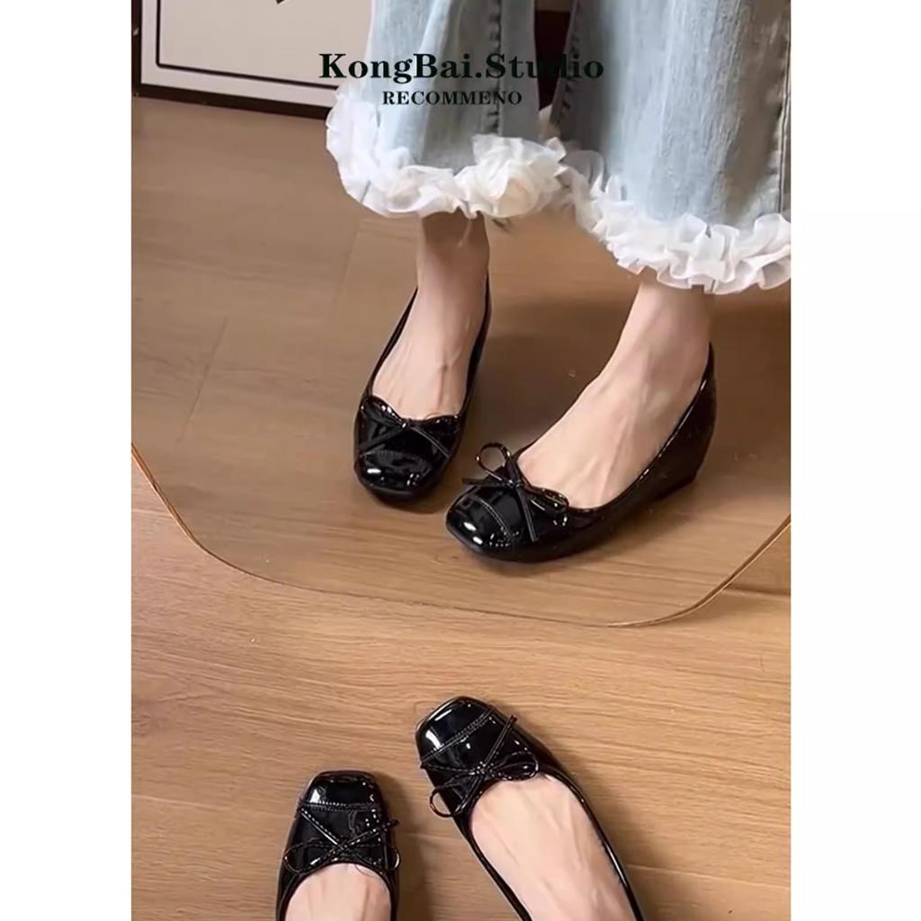 Nude Single Shoes Women's 2025 New Inner Height Increase Flat Bottom Ladyshoes French Temperament Ballet Shoes Light Mouth Soft Sole Beanie Shoes