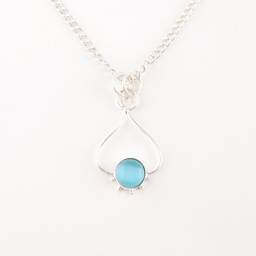 Natural Blue Cat's Eye Gemstone 925 Sterling Silver Jewelry Handcrafted Pendant PP-40-46