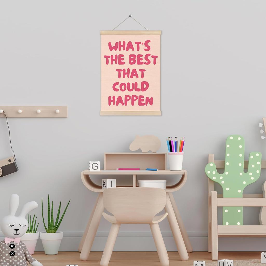 HUGANE What's the Best That Could Happen Wall Art Poster Hanger Frame, Trendy Pink pirational Quote Canvas Pictures Prints Hanging Wall Decor for