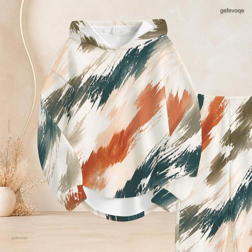 Women Plus Size Blue Printed Two Piece Pants Set Hooded Long Sleeve Top Cuffed Pants