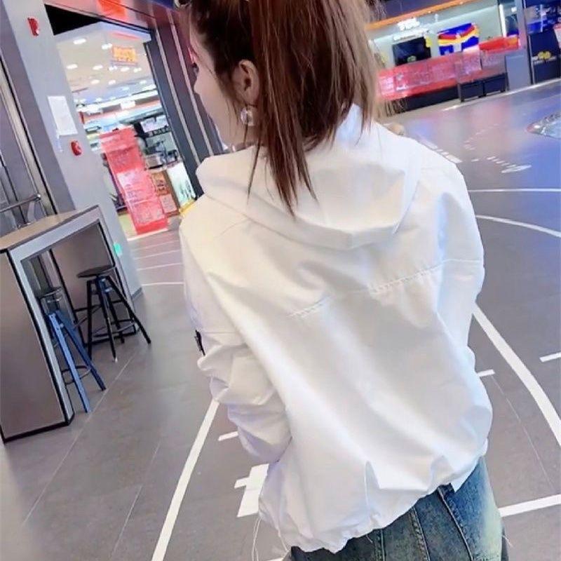 Trendy Women Windbreaker Jacket Spring Autumn Loose Fit Hooded Zip Up Outerwear Casual Top