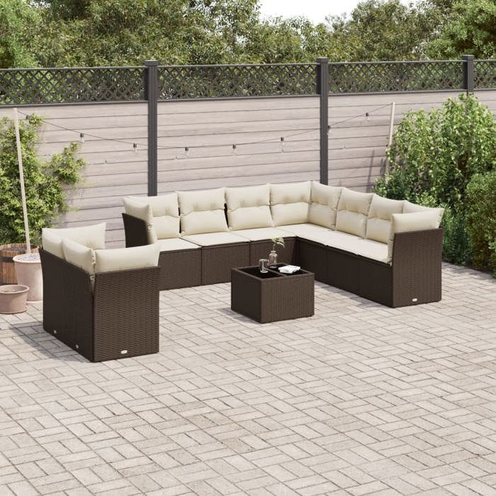 VidaXL Salon de Jardin avec Coussins 10 pcs, Canapés de Terrasse, Ensemble de Meubles de Patio, Mobilier d'Extérieur, Marron 3249692