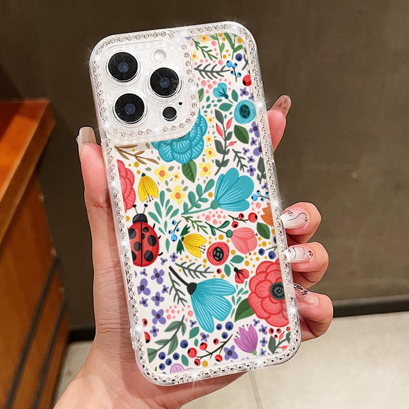 Floral Pattern Clear Shockproof Phone Case For iPhone 16E 16 Pro Max 15 Pro 14 13 12 11 Diamond Frame Anti-Fall Soft Silicone Bumper Cover