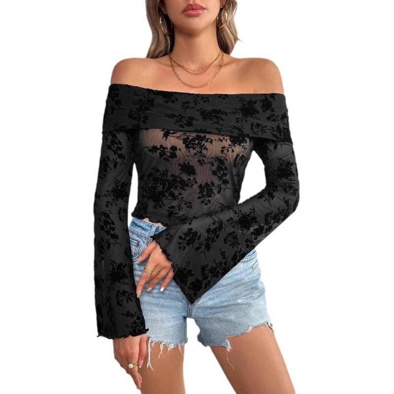 New Elegant Off Shoulder Mesh Floral Print Blouse Women Long Sleeve Fashion See Through Shirt Thin T-shirt Casual Short Tops Black Tees