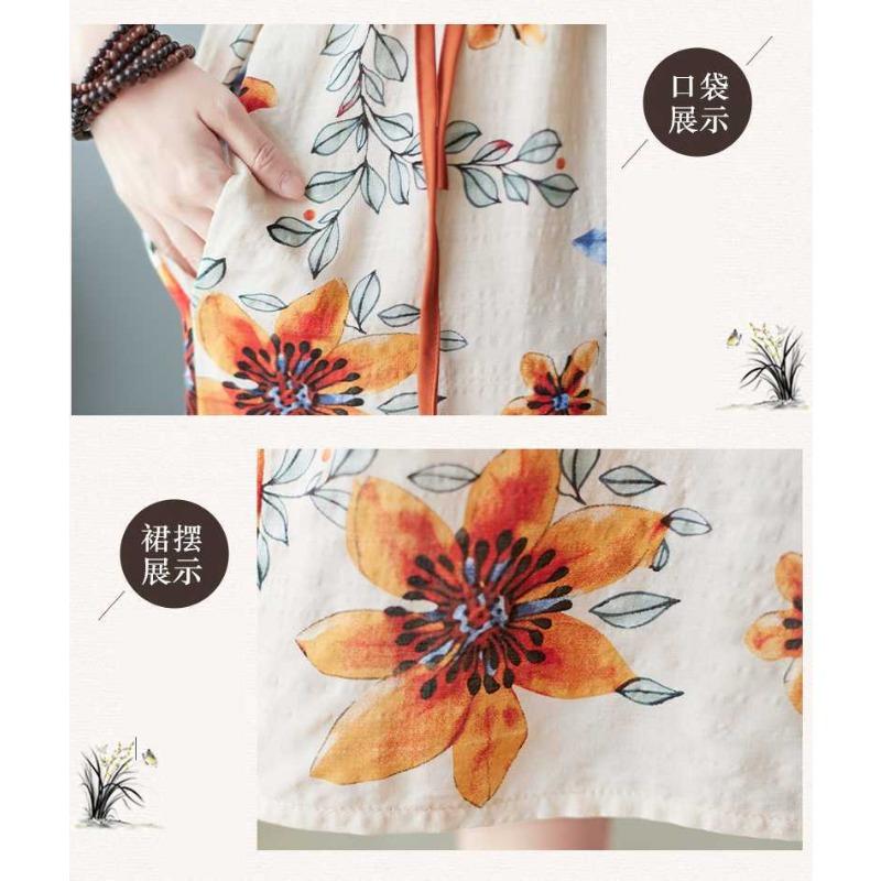 Nowe luźne plus size drukowane sznurki do wiązania w pasie etniczny styl dekolt w serek rękaw pięciominutowy literackie długie sukienki