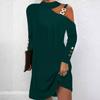 Stylish Long Sleeve Spliced Polyester Metal Hook Dress For Women