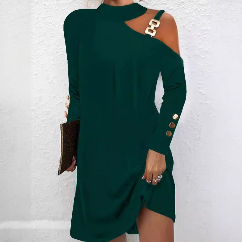 Stylish Long Sleeve Spliced Polyester Metal Hook Dress For Women