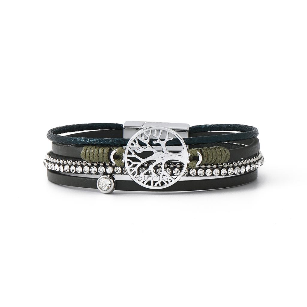 Bohemian Cabala Alloy Tree Life PU Leather Silver Plating Women's Charm Jewelry Dainty Magnet Clasp Wristband Gift