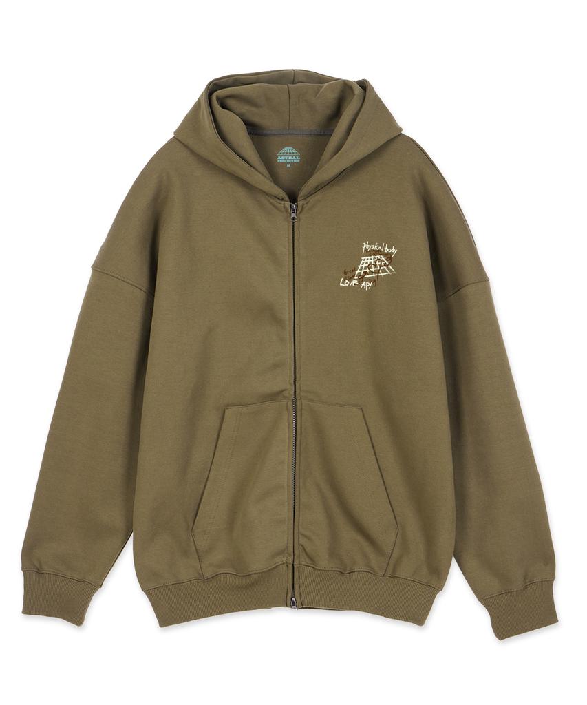 Astral Projection Graffiti Oversized Wide Shoulder Zip-Up Hoodie_Green Brown