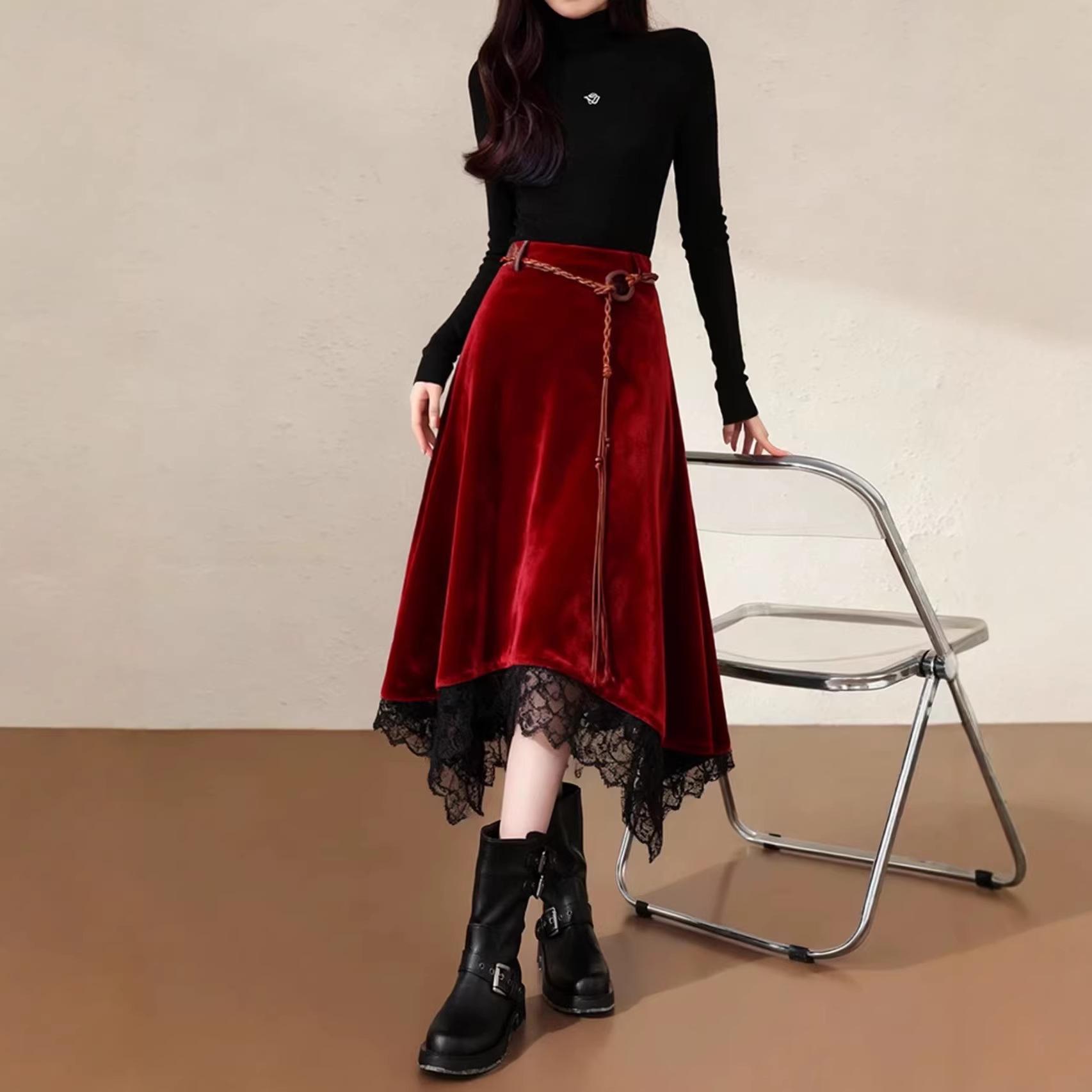 Exquisite Irregular Lace Velvet Skirt - New Year Red Chinese Style Women s Winter Fashion M